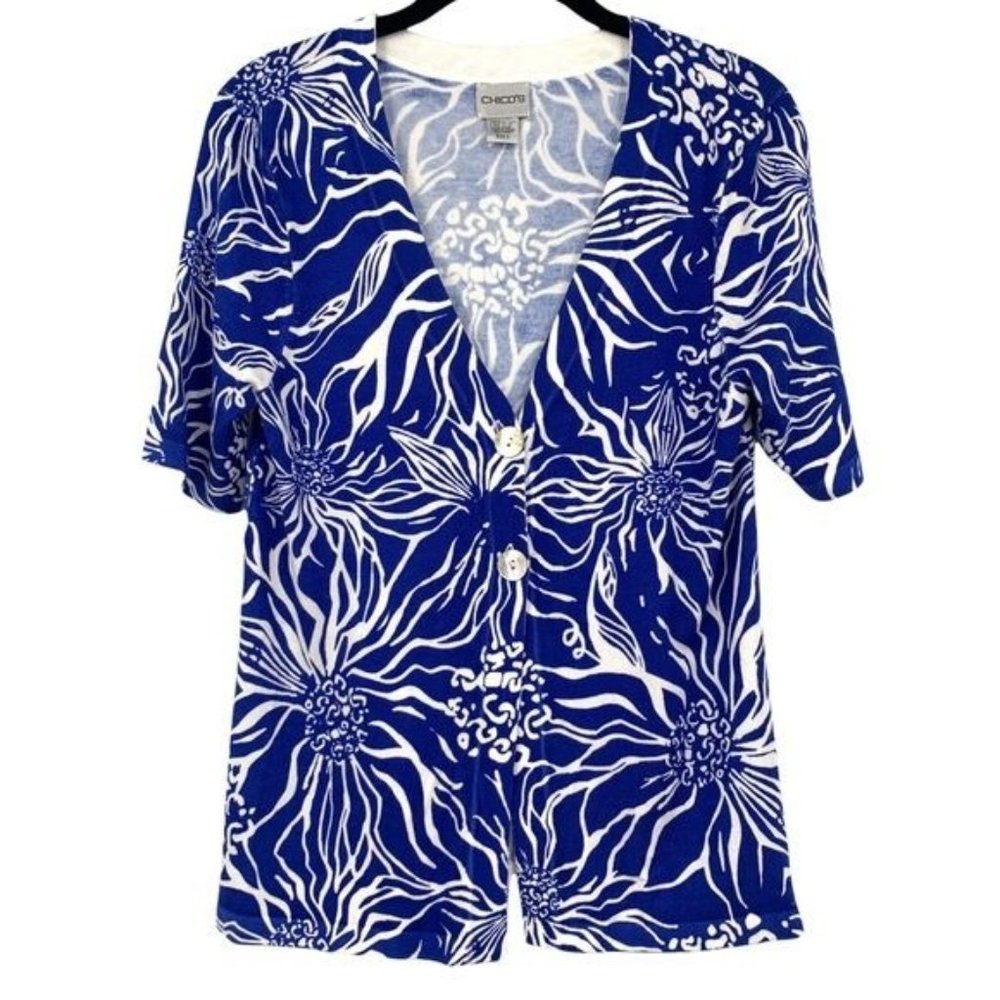 Chico’s Blue White Floral Short Sleeve Cardigan 0